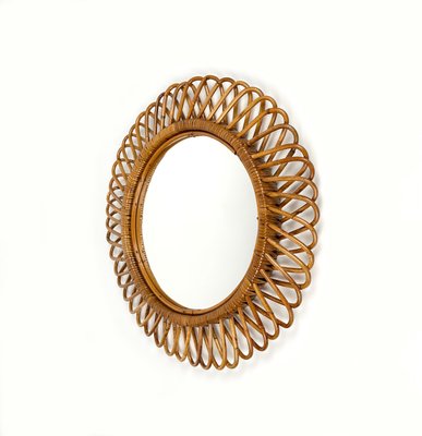 Mid-Century Rattan and Bamboo Round Wall Mirror, Italy, 1960s-LYQ-1433320