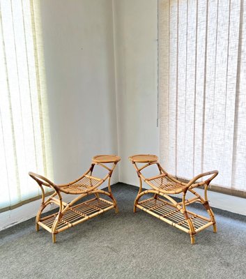 Mid-Century Rattan and Wicker Benches with Side Trays, Set of 2-GTS-1362002