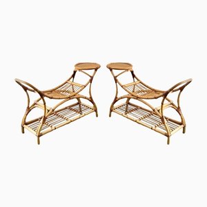 Mid-Century Rattan and Wicker Benches with Side Trays, Set of 2-GTS-1362002