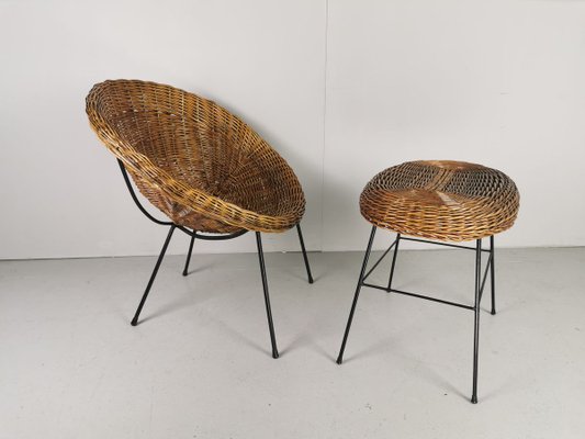 Mid-Century Rattan Armchair and Pouf, Set of 2-PRS-915100