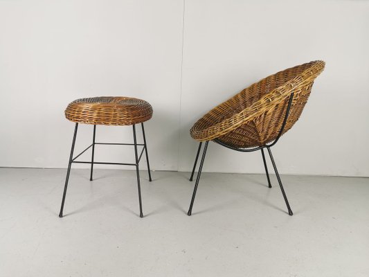 Mid-Century Rattan Armchair and Pouf, Set of 2-PRS-915100