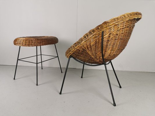 Mid-Century Rattan Armchair and Pouf, Set of 2-PRS-915100