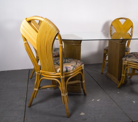 Mid-Century Rattan Dining Table & Chairs Set, 1980s, Set of 5-VLO-1334937