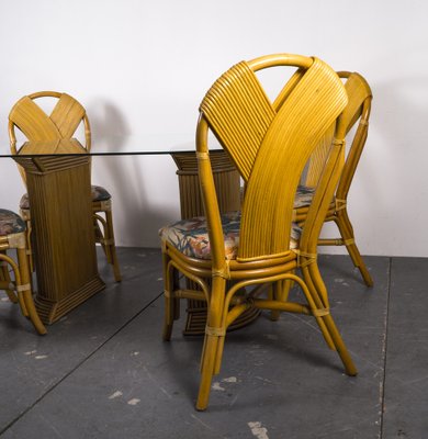 Mid-Century Rattan Dining Table & Chairs Set, 1980s, Set of 5-VLO-1334937