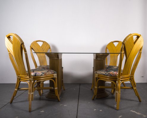 Mid-Century Rattan Dining Table & Chairs Set, 1980s, Set of 5-VLO-1334937