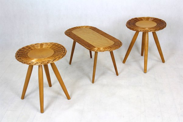 Mid-Century Rattan Stools attributed to Jan Kalous for Úluv, Czechoslovakia, 1960s, Set of 3-WVS-1405265