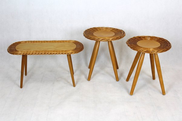 Mid-Century Rattan Stools attributed to Jan Kalous for Úluv, Czechoslovakia, 1960s, Set of 3-WVS-1405265