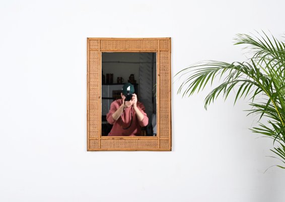 Mid-Century Rectangular Bamboo and Woven Rattan Wicker Mirror, Italy, 1970s-JDR-1792746