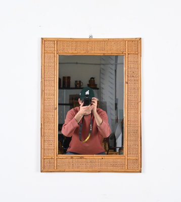 Mid-Century Rectangular Bamboo and Woven Rattan Wicker Mirror, Italy, 1970s-JDR-1792746