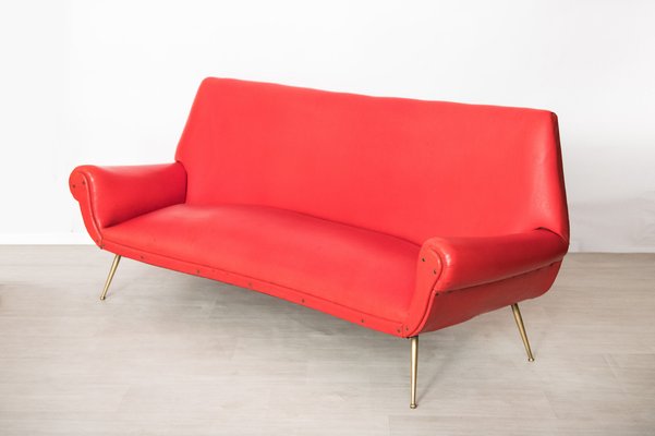 Mid-Century Red & Brass 3-Seat Sofa-NZV-1279367