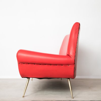 Mid-Century Red & Brass 3-Seat Sofa-NZV-1279367