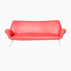 Mid-Century Red & Brass 3-Seat Sofa-NZV-1279367