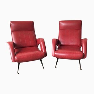 Mid-Century Red Faux Leather and Iron Lounge Chairs Attributed to Carlo de Carli, Set of 2-GGK-654125