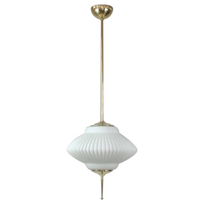 Mid-Century Ribbed Milk Glass & Brass Globe Pendant Attributed to Stilnovo-OE-897811