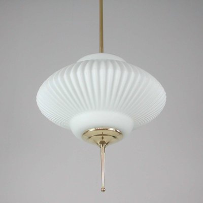 Mid-Century Ribbed Milk Glass & Brass Globe Pendant Attributed to Stilnovo-OE-897811