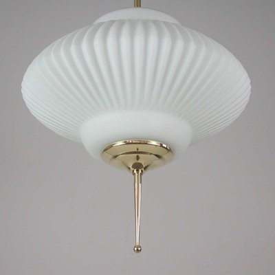 Mid-Century Ribbed Milk Glass & Brass Globe Pendant Attributed to Stilnovo-OE-897811