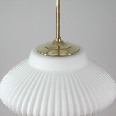 Mid-Century Ribbed Milk Glass & Brass Globe Pendant Attributed to Stilnovo-OE-897811