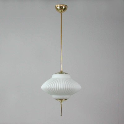 Mid-Century Ribbed Milk Glass & Brass Globe Pendant Attributed to Stilnovo-OE-897811