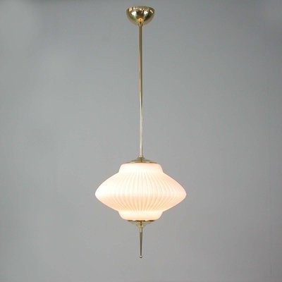 Mid-Century Ribbed Milk Glass & Brass Globe Pendant Attributed to Stilnovo-OE-897811