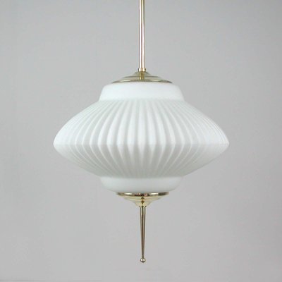 Mid-Century Ribbed Milk Glass & Brass Globe Pendant Attributed to Stilnovo-OE-897811