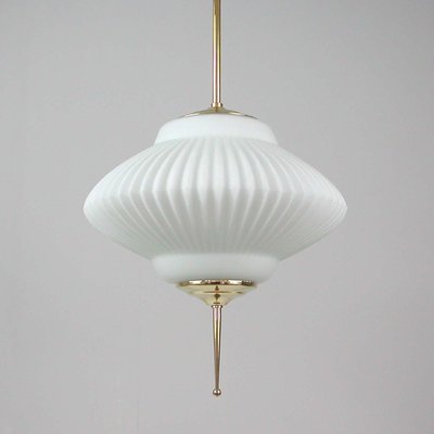 Mid-Century Ribbed Milk Glass & Brass Globe Pendant Attributed to Stilnovo-OE-897811