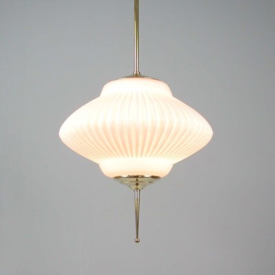 Mid-Century Ribbed Milk Glass & Brass Globe Pendant Attributed to Stilnovo-OE-897811