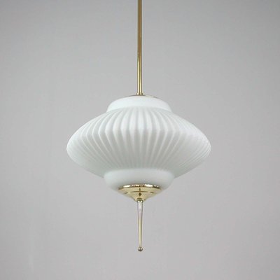 Mid-Century Ribbed Milk Glass & Brass Globe Pendant Attributed to Stilnovo-OE-897811