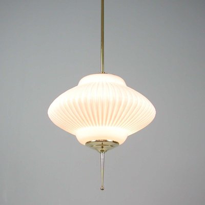 Mid-Century Ribbed Milk Glass & Brass Globe Pendant Attributed to Stilnovo-OE-897811