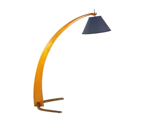 Mid-Century Rispal Style Curved Wood & Brass Floor Lamp from Valzania, 1940s-RD-1769614