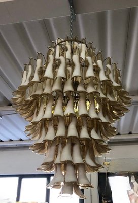 Mid-Century Round Ambra & White Murano Glass Chandelier, 1970s-UH-912517