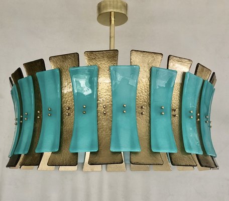 Mid-Century Round Aqua Green & Gold Murano Glass and Brass Chandelier, 1970s-UH-935733