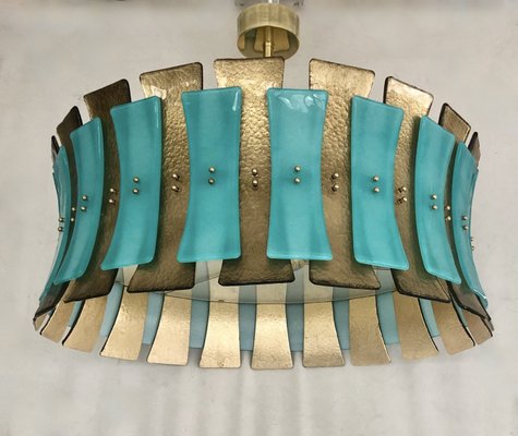 Mid-Century Round Aqua Green & Gold Murano Glass and Brass Chandelier, 1970s-UH-935733