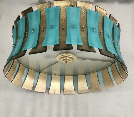 Mid-Century Round Aqua Green & Gold Murano Glass and Brass Chandelier, 1970s-UH-935733