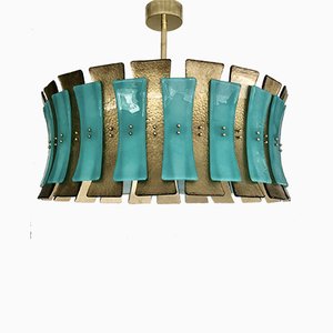 Mid-Century Round Aqua Green & Gold Murano Glass and Brass Chandelier, 1970s-UH-935733