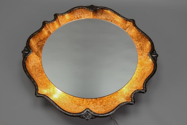 Mid-Century Round Backlit Brown Ceramic Wall Mirror from PAN Keramik, Germany, 1970s-KEG-1169032