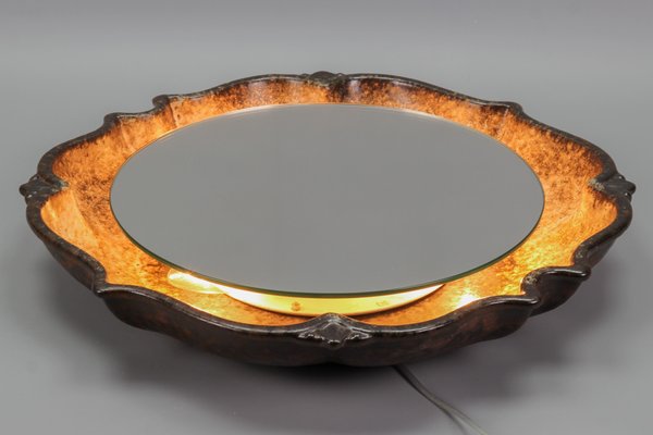 Mid-Century Round Backlit Brown Ceramic Wall Mirror from PAN Keramik, Germany, 1970s-KEG-1169032