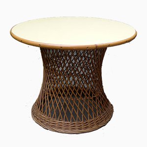 Mid-Century Round Bamboo and Wicker Garden Table with Yellow Top-VRE-694158