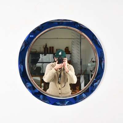 Mid-Century Round Blue Diamond Double Beveled Mirror attributed to Galvorame, Italy, 1970s-JDR-1798572