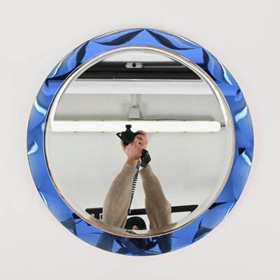 Mid-Century Round Blue Diamond Double Beveled Mirror attributed to Galvorame, Italy, 1970s-JDR-1798572