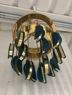 Mid-Century Round Blue Murano Art Glass and Brass Chandelier, 1970s-UH-947594