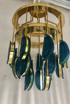 Mid-Century Round Blue Murano Art Glass and Brass Chandelier, 1970s-UH-947594