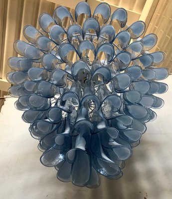 Mid-Century Round Blue Sky & White Murano Glass Chandelier, 1970s-UH-912524