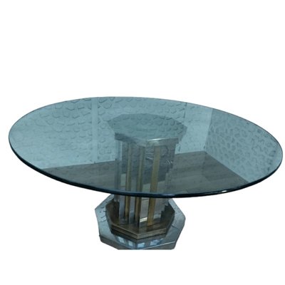 Mid-Century Round Crystal Dining Table with Bronze Column, Italy, 1960s-TCS-1822208