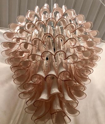 Mid-Century Round Light Pink and White Murano Glass Chandelier from Mazzega, 1970s-UH-843767