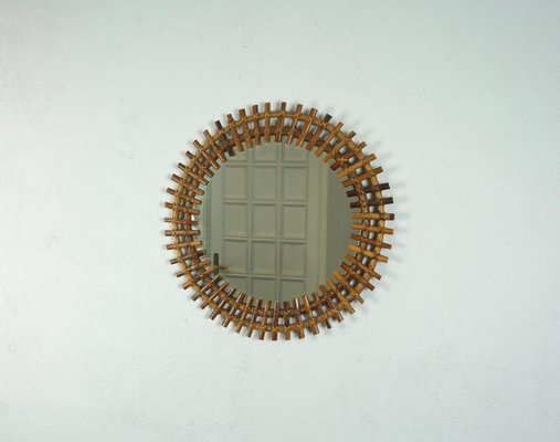 Mid-Century Round Rattan & Bamboo Sunburst Wall Mirror, Italy, 1960s-LYQ-1267689