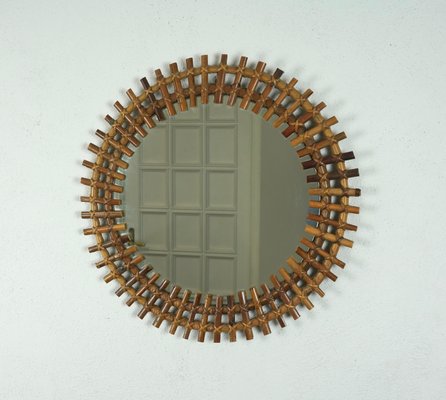 Mid-Century Round Rattan & Bamboo Sunburst Wall Mirror, Italy, 1960s-LYQ-1267689