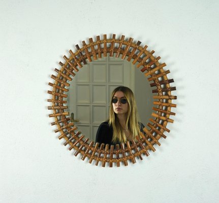 Mid-Century Round Rattan & Bamboo Sunburst Wall Mirror, Italy, 1960s-LYQ-1267689