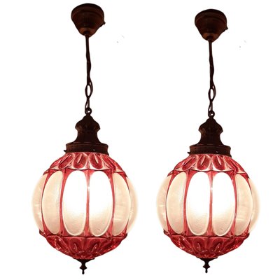 Mid-Century Round Red Glass Ceiling Lamp from Emiratos, Set of 2-TCS-1173651