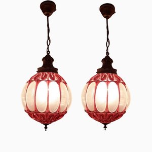 Mid-Century Round Red Glass Ceiling Lamp from Emiratos, Set of 2-TCS-1173651