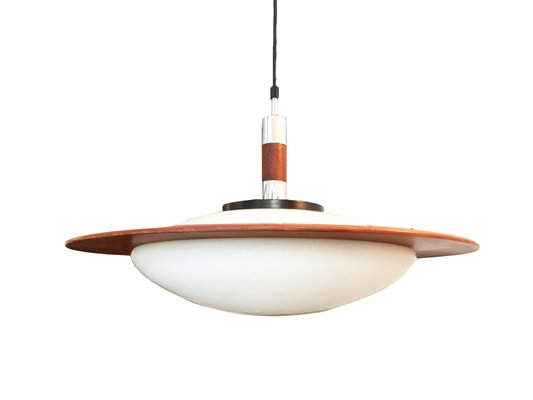 Mid-Century Round Wood, Opaline Glass, and Polished Steel Pendant Lamp, 1950s-GGK-658767